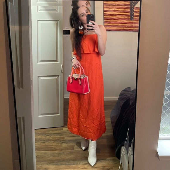 ANN TAYLOR Women's Linen Blend Maxi Dress Ruffle Tiered Size 0 in Orange - Picture 3 of 7